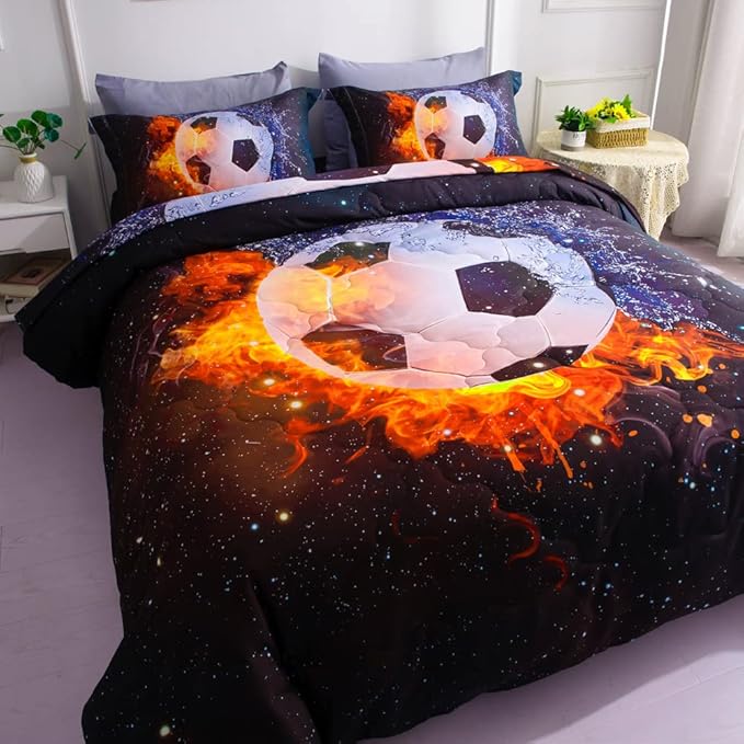 Wajade Football Soccer Comforter Set Bed in A Bag Twin Size 3D Galaxy Soccer Ball Sports Bedding Set for Boys Kids (1 Comforter, 1 Flat Sheet, 1 Fitted Sheet, 2 Pillowcase and 2 Pillow Sham) - LeafyLoom