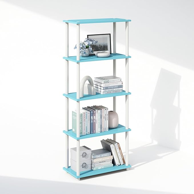 Furinno Turn-N-Tube 5-Tier Multipurpose Compact Display Rack, Shelving Unit, Bookcase, Light Blue/White - LeafyLoom