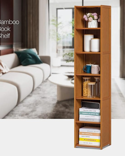 MoNiBloom Tall Slim Narrow Bookcase Bamboo 6 Tier Free Standing Tall Bookshelf Display Storage Shelves Collection Décor Furniture for Home Living Room Study Room, Brown - LeafyLoom