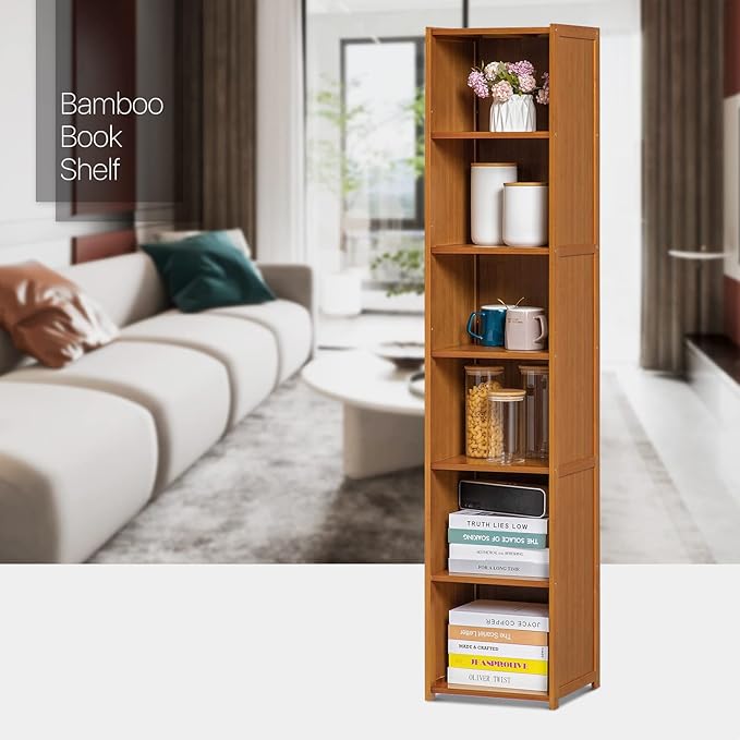 MoNiBloom Tall Slim Narrow Bookcase Bamboo 6 Tier Free Standing Tall Bookshelf Display Storage Shelves Collection Décor Furniture for Home Living Room Study Room, Brown - LeafyLoom