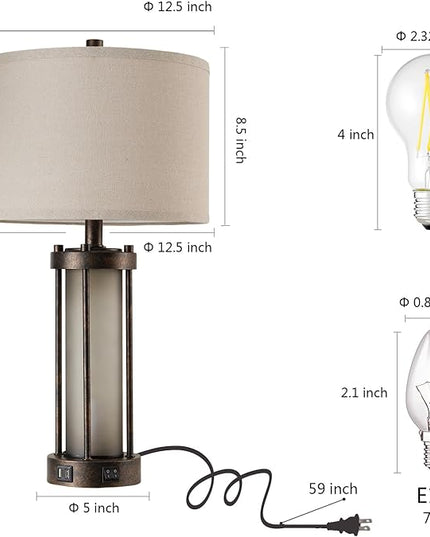 Set of 2 Farmhouse Table Lamps for Living Room, Vintage Rustic Nightstand Lamp with 2 USB Ports, Retro Gray Glass Night Light Desk Lamps for Bedroom Entryway, 4 Bulbs Included (Bronze Look) - LeafyLoom