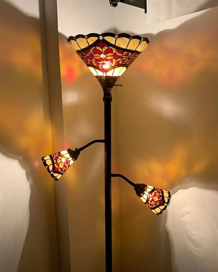 Bieye L10868 Tiffany Style Stained Glass 3-Light Torchiere Floor Lamp with Sidelights for Reading, 70-inches Tall (Baroque, Red) - LeafyLoom