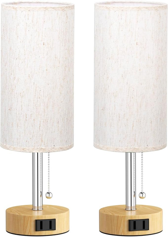 Wood Grain Bedside Table Lamps Set of 2-3 Color Temperatures Pull Chain Lamp with AC Outlet Charging Port, Two Round Night Stand Lamps for Bedroom Office, Small Bed Light with E26 LED Bulbs - LeafyLoom