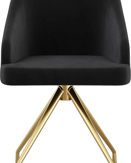 Martha Stewart Sora Stationary Swivel Task Chair with Sloped Arms for Home Office in Black Velvet with Polished Brass Frame - LeafyLoom