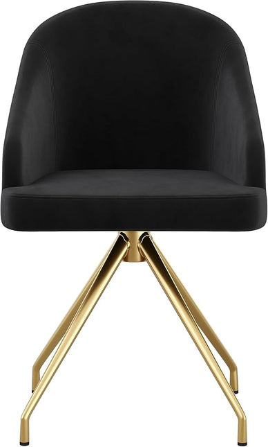 Martha Stewart Sora Stationary Swivel Task Chair with Sloped Arms for Home Office in Black Velvet with Polished Brass Frame - LeafyLoom