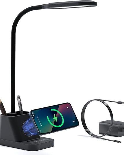 AXX LED Desk Lamp for Home Office, Small Desk Light with Wireless Charger, Black, Bright, Pen Holder, Mini, Kids Study Lamps for College Dorm Room, Task Lamp for Puzzles/Crafts/Bedrooms Reading - LeafyLoom