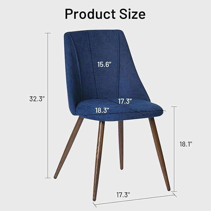 FurnitureR Dining Chairs Set of 2, Upholstered Side Chairs Fabric Armless Living Room Accent Chair with Soft Seat/Metal Legs, Mid-Back Chairs for Home Kitchen Restaurant, Dark Blue - LeafyLoom