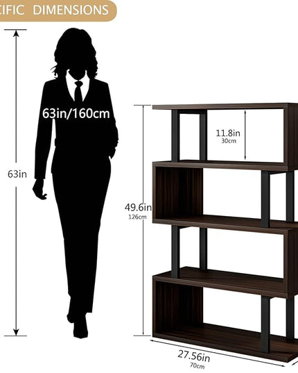 Bookshelf geometric bookcase S Shaped industrial bookshelf Storage Display Stand Shelf for Living Room Bedroom and office Room (Black, 4 Tier) - LeafyLoom