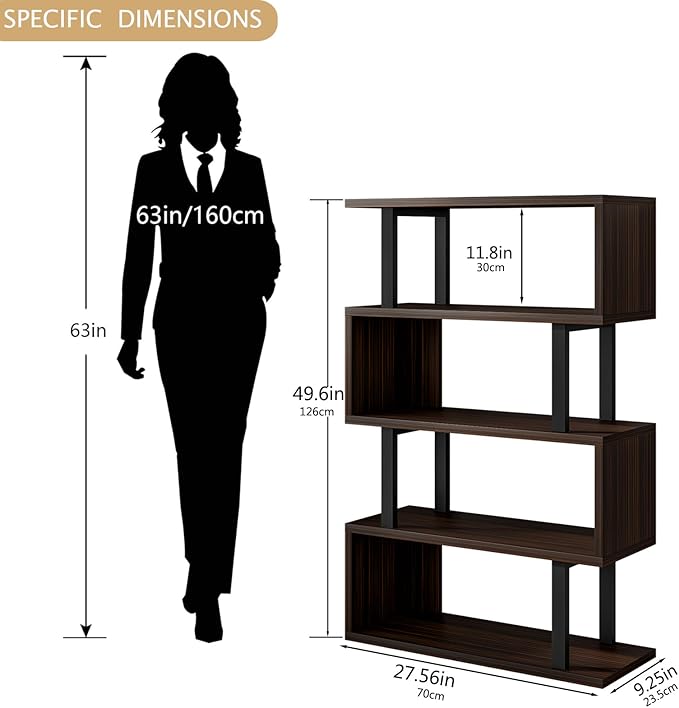 Bookshelf geometric bookcase S Shaped industrial bookshelf Storage Display Stand Shelf for Living Room Bedroom and office Room (Black, 4 Tier) - LeafyLoom