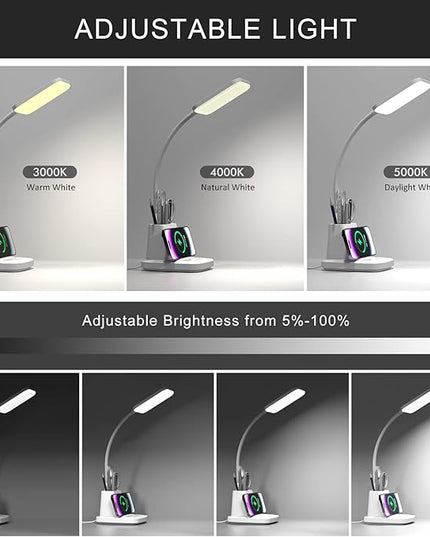 LED Desk Lamp with Wireless Charger for Home Office, Small with Pen Holder, 800LM,3 Color Modes,Gooseneck, Eye-Caring White Desk Lamps for Home College Dorm Room - LeafyLoom