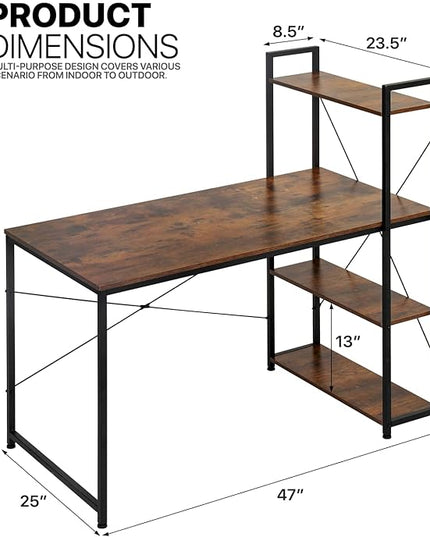 MoNiBloom Computer Desk with 4 Tier Storage Shelves, 47 Inches Home Office Study Writing Desks with Display Bookshelf, Rustic Brown - LeafyLoom