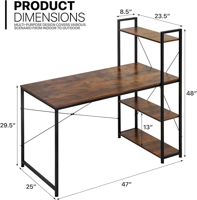 MoNiBloom Computer Desk with 4 Tier Storage Shelves, 47 Inches Home Office Study Writing Desks with Display Bookshelf, Rustic Brown - LeafyLoom