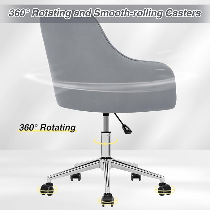Velvet Desk Chair Vanity Chair for Makeup with Wheels and Back Home Office Chair Adjustable Rolling Swivel Chair for Bedroom Vanity Room Grey - LeafyLoom