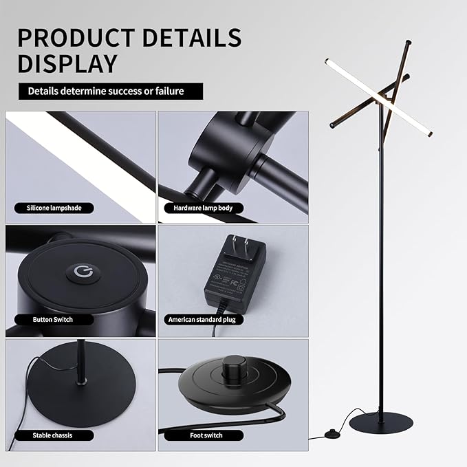 Ganeed LED Floor Lamp,Modern Tall Standing Lamps with 3 Lights,30W 3 Color Temperature & Stepless Dimmable Brightness with Remote,66.5 in Corner Lamp for Living Room, Office, Hotel, Bedroom - LeafyLoom