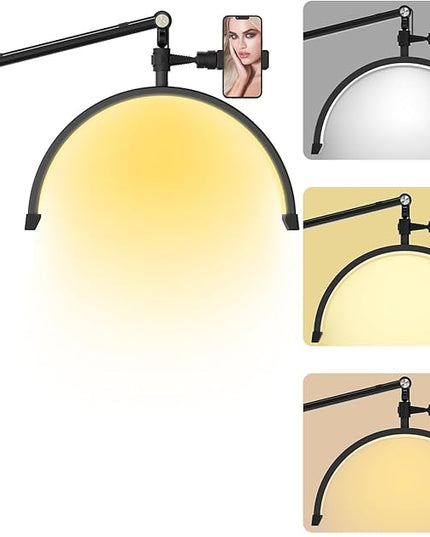 Yofuly Half Moon Light for Lashes, LED Nail Desk Lamp, Esthetician Light for Tattoo Artists, Nail Tech, Eyelash Lamp with Phone Holder, 10 Brightness Adjustable (Black) - LeafyLoom