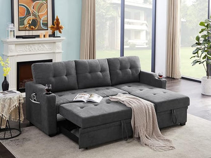 83 Inch Convertible L Shaped Sleeper Sectional Sofa Linen with Storage Chaise, Pull Out Bed, Cup Holder, USB Charging Port, Side Pocket, Reversible Corner Couch Design, 83inch, Dark Grey-3 - LeafyLoom
