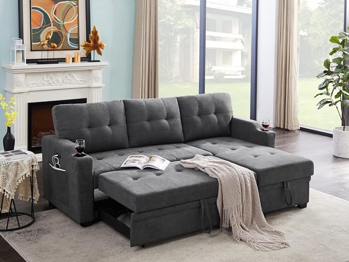 83 Inch Convertible L Shaped Sleeper Sectional Sofa Linen with Storage Chaise, Pull Out Bed, Cup Holder, USB Charging Port, Side Pocket, Reversible Corner Couch Design, 83inch, Dark Grey-3 - LeafyLoom