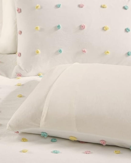 Duvet Cotton Jacquard Weave Colorful Poms Accent, Shabby Chic Cover for Comforter Cozy Bedding Set, Matching Shams, Decorative Pillows, Full Queen, Multi, 5 Piece - LeafyLoom
