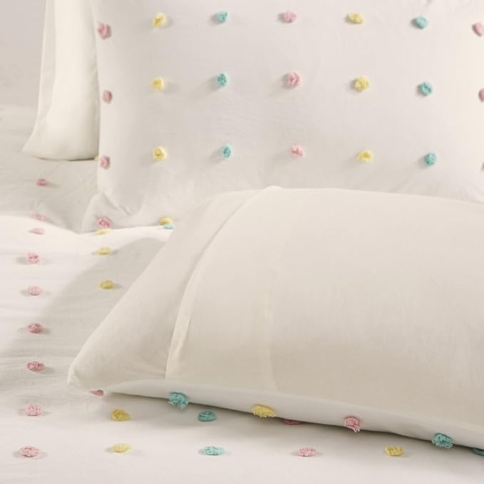 Duvet Cotton Jacquard Weave Colorful Poms Accent, Shabby Chic Cover for Comforter Cozy Bedding Set, Matching Shams, Decorative Pillows, Full/Queen, Multi, Twin/Twin XL, 4 Piece - LeafyLoom