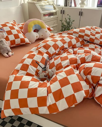 Wellboo Orange White Plaid Comforter Sets Queen Women Girls Light Red Checkerboard Bedding Comforters Cotton Rust Caramel and White Checkered Geometric Quilts Adults Modern Grid Abstract Simple Bed - LeafyLoom