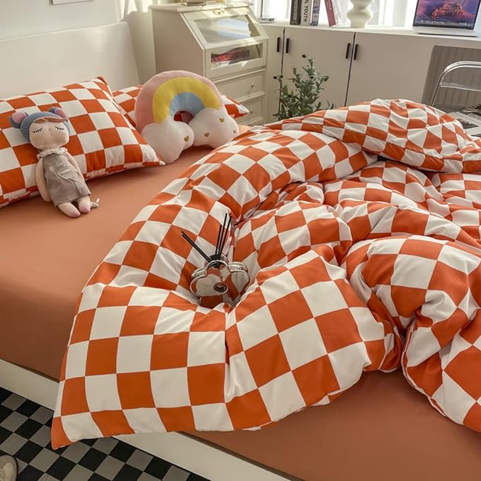 Wellboo Orange White Plaid Comforter Sets Queen Women Girls Light Red Checkerboard Bedding Comforters Cotton Rust Caramel and White Checkered Geometric Quilts Adults Modern Grid Abstract Simple Bed - LeafyLoom