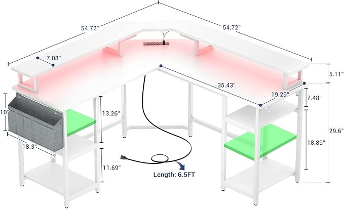 Aheaplus L Shaped Gaming Desk with Power Outlets & LED Lights, Computer Corner Desk with Monitor Stand and Storage Shelf, Home Office Writing Desk with Storage Bag, White - LeafyLoom
