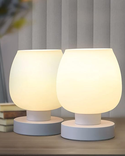 Touch Bedside Table Lamp Set of 2 - Small Modern Table Lamp for Bedroom Living Room Nightstand, 3-Way Dimable Desk lamp with White Opal Glass Lamp Shade, 2700K LED Bulb, Simple Design Home Decor - LeafyLoom