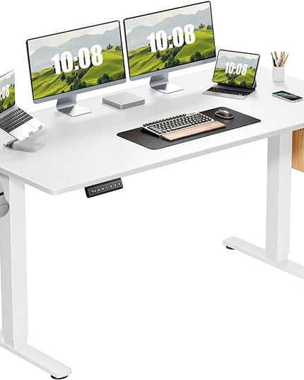 Sweetcrispy Electric Adjustable Height Standing Desk - 63 x 24 inch Sit to Stand Up Desk with Splice Board, Rising Home Office Computer Table with 2 Hook and Wire Hole for Work - LeafyLoom
