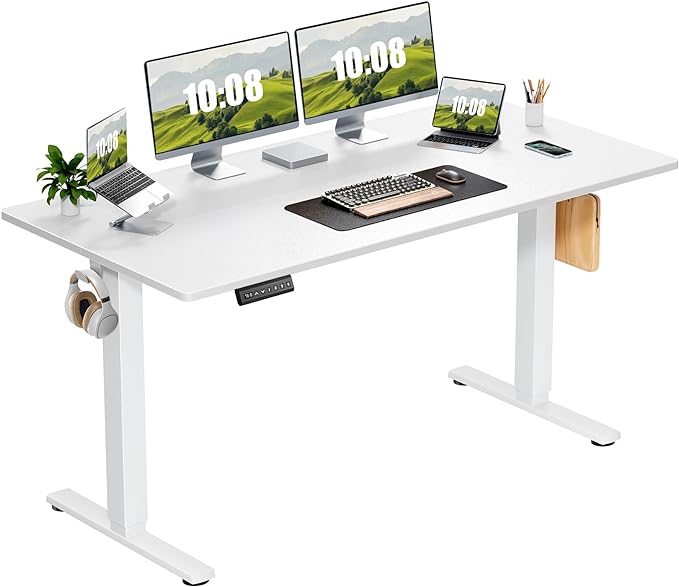 Sweetcrispy Electric Adjustable Height Standing Desk - 63 x 24 inch Sit to Stand Up Desk with Splice Board, Rising Home Office Computer Table with 2 Hook and Wire Hole for Work - LeafyLoom