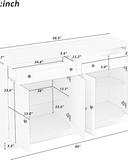 60" Sideboard Storage Buffet Cabinet with 2 Drawers,Wooden Console Table,W/ 4 Doors,Adjustable Shelves,Not Easy to Deform,for Dining Room/Kitchen/Entryway,White - LeafyLoom