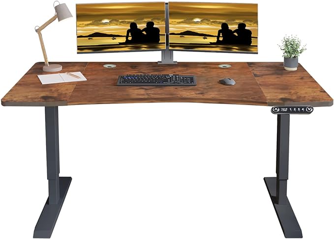 Dual Motor Electric Standing Desk - 63 x 30 Inch Adjustable Height Sit Stand Computer Desk with Splice Board, Stand Up Desk Table for Home Office, Rustic Brown Top(with Radian) - LeafyLoom
