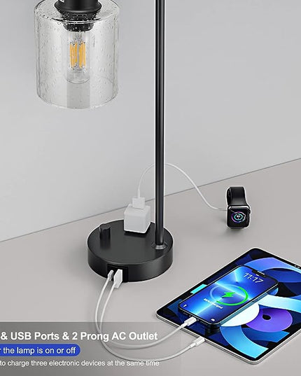 Industrial Bedside Table Lamp for Bedroom - Nightstand Lamps with USB C Charging Port, Fully Dimmable Black Ports and Outlets, Small Desk Glass Shade Office Living Room - LeafyLoom