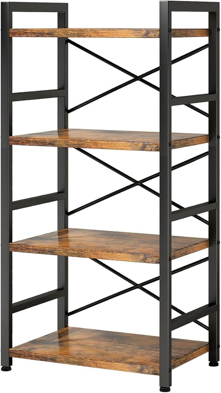 Bookshelf, 4 Tier Small Bookcase, Organizers and Storage, Metal Small Bookcase, Rustic Book Shelf Organization and Storage for Living Room, Bedroom, and Home Office(Rustic Brown) - LeafyLoom
