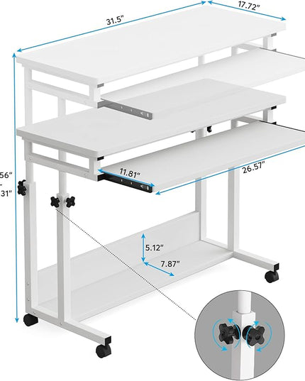 Tribesigns Portable Desk for Sofa and Bed, Height Adjustable Mobile Laptop Table Small Standing Desk Rolling Computer Cart with Keyboard Tray on Wheels for Home Office (White) - LeafyLoom