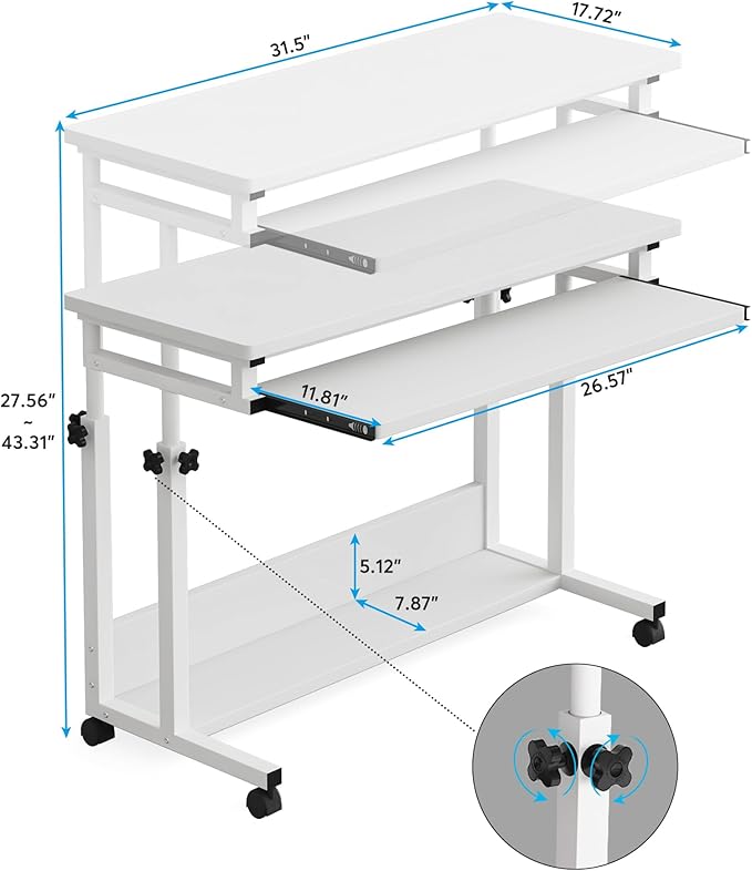 Tribesigns Portable Desk for Sofa and Bed, Height Adjustable Mobile Laptop Table Small Standing Desk Rolling Computer Cart with Keyboard Tray on Wheels for Home Office (White) - LeafyLoom