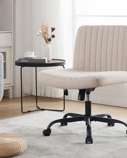 Armless Office Chair with Wheels Wide Desk Chair Leather Mid Back Accent Chair Padded Swivel Vanity Chair for Girl Women Computer Task Chair for Home Office (Linen, Beige) - LeafyLoom