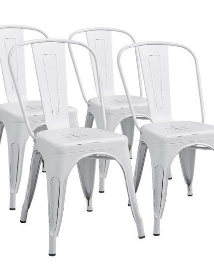 Furmax Metal Dining Chair Indoor Outdoor Use Stackable Chic Side Classic Trattoria Metal Chairs Set of 4 for Kitchen, Dining Room, Bistro and Cafe (Distressed White) - LeafyLoom