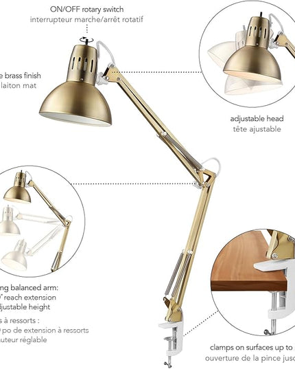 Globe Electric 62000010 32" Multi-Joint Desk Lamp with Metal Clamp, Matte Brass, White Accents, On/Off Rotary Switch on Shade, Partially Adjustable Swing Arm, Home Décor, Office Accessory - LeafyLoom