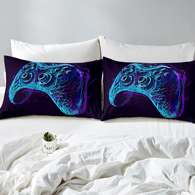 Gamer Comforter Set for Boys Teens Blue and Black Gaming Bedding Set Video Game Bedding Home Decor for Kids Comforter Queen Size 3 Pieces Gamepad Quilted Duvet Set 1 Comforter with 2 Pillowcases - LeafyLoom
