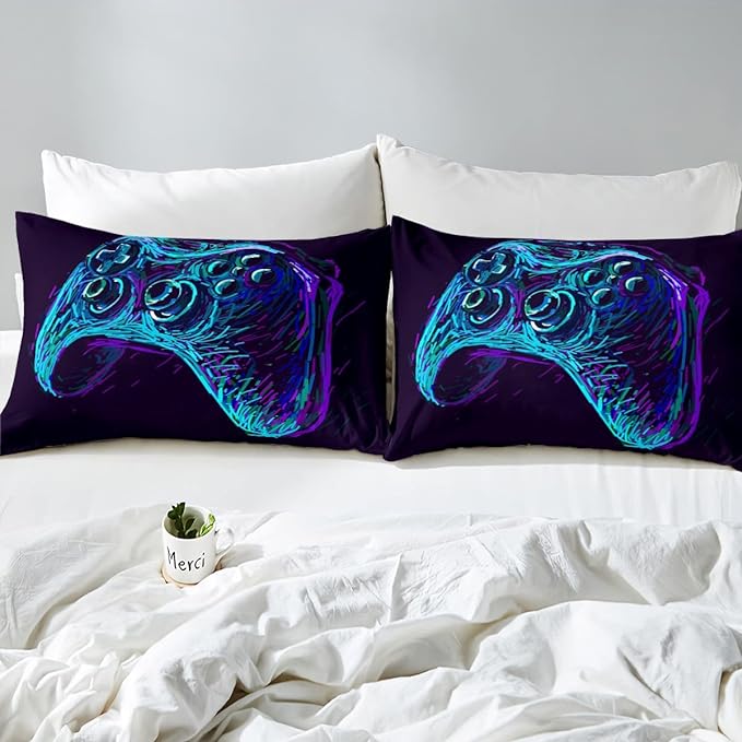 Gamer Comforter Set for Boys Teens Blue and Black Gaming Bedding Set Video Game Bedding Home Decor for Kids Comforter Full Size 3 Pieces Gamepad Quilted Duvet Set 1 Comforter with 2 Pillowcases - LeafyLoom