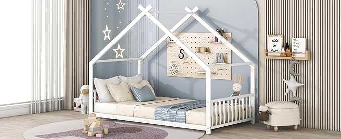 RITSU Twin Size Montessori Floor House Bed, Bedframe with Metal Slat & with Headboard and Footboard, Sturdy Construction, for Children's Room, Girls, Boys, White - LeafyLoom