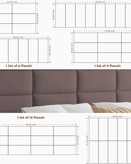 Wall Mounted Upholstered Headboard Queen, 3D Peel and Stick Soundproof Wall Panels, Reusable and Removable Padded Headboard Leather Bed Headboard, 9 Panels Headboard 9.84" x 23.62", Dark Skin - LeafyLoom