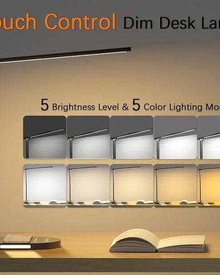 Clearance LED Desk Lamp with Wireless Charger for Home Office, Table Lamp with 2 Night Light for Bedroom, with USB Charging Port, 60min Timer AUTO-OFF, 5 Modes Dimmable Office Lamp, Adjustable, Black - LeafyLoom