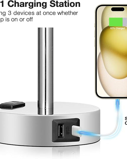 Pink Lamp for Bedroom Nightstand - 3 Way Dimmable Touch Table Lamp USB C Charging Ports, Small Lamp with AC Outlet for Desk Girls Room, LED Bulb Included - LeafyLoom