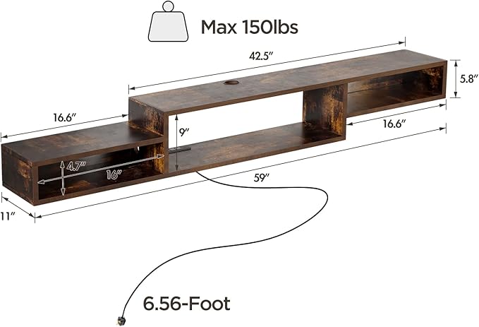 Floating TV Stand Wall Mounted with Power Outlet 59", Floating Entertainment Center, Wood Media Console Shelf for Under TV Storage for Living Room Bedroom Office Rustic Brown - LeafyLoom
