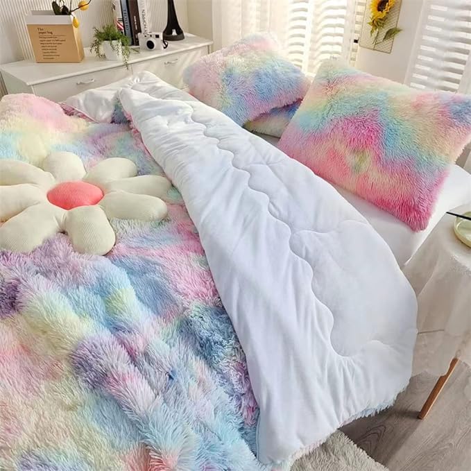 Faux Fur Kids Girls Cow Print Comforter Sets Twin/Full - 3PC Bed Set Warm Comfortable Soft Plush Flannel Velvet Fluffy Fuzzy Bedding（Comforter x 1 Pillowcases x 2） - LeafyLoom