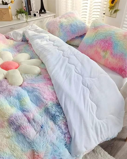 Faux Fur Kids Girls Rainbow Comforter Sets Queen - 3PC Bed Set Warm Comfortable Soft Plush Flannel Velvet Fluffy Fuzzy Bedding（Comforter x 1 Pillowcases x 2） - LeafyLoom