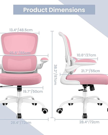 Office Chair, Ergonomic Desk Chair with Lumbar Support and Adjustable Armrests, Comfy Desk Chair Breathable Mesh Mid Back Computer Chair, Reclining Office Chair for Home Office - Pink - LeafyLoom