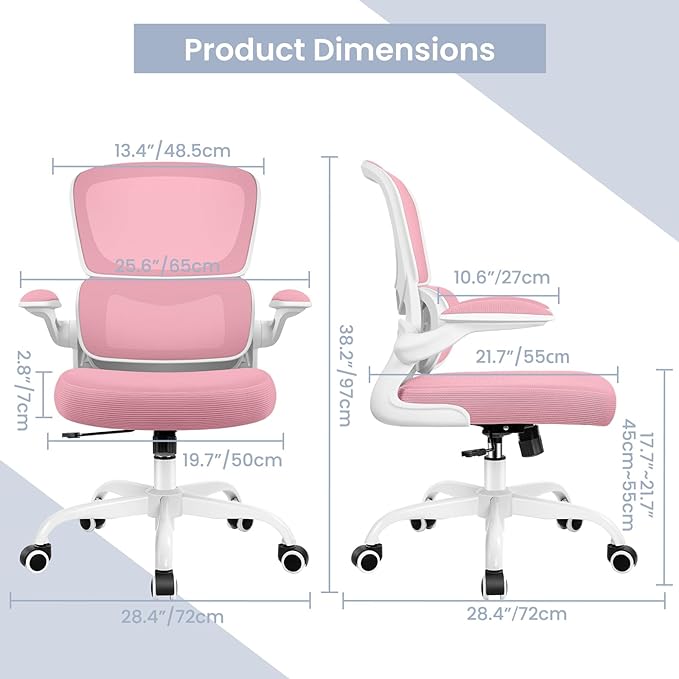 Office Chair, Ergonomic Desk Chair with Lumbar Support and Adjustable Armrests, Comfy Desk Chair Breathable Mesh Mid Back Computer Chair, Reclining Office Chair for Home Office - Pink - LeafyLoom
