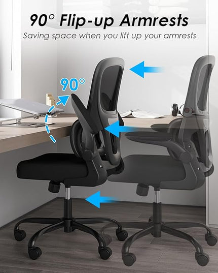 Soohow Ergonomic Home Office Chair, Mesh Desk Chair with Lumbar Support, Comfy Computer Desk Chair with Flip Armrest Rolling Wheels, Black. - LeafyLoom
